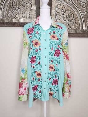John Mark Floral Embroidered Turquoise Button-Down Shirt Large Garden Party